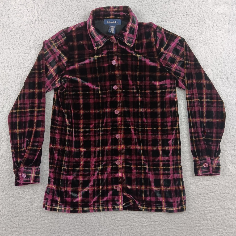 Denim & Co Button Down Shirt Women XS Purple Plaid Velvet Stretch Long Sleeve
